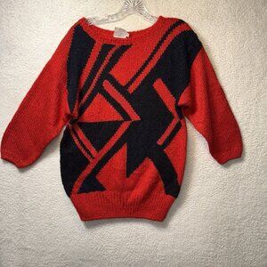 Vintage 80's Abstract Geometric Sweater Women's Medium Red Black Retro Artsy